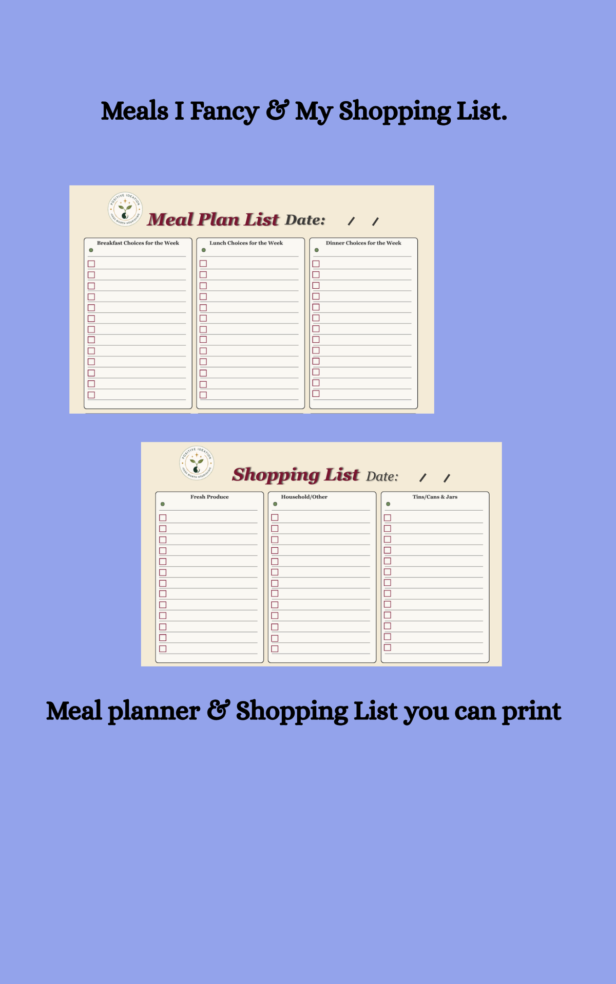 Meals I fancy weekly planner and shopping list